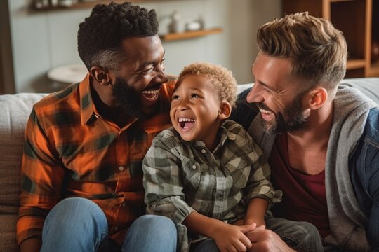 male gay couplle family with a child smiling in the living room having a good time the three together sitting on the couch sofa, kid with two fathers, fathers day LGBT, generative AI