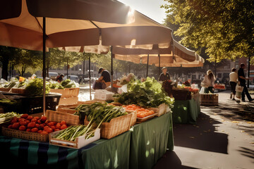 Farmers market stall on a sunny day with fruits and vegetables, generative AI - obrazy, fototapety, plakaty