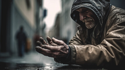 雨の降るスラム街で手を出す浮浪者・ホームレス・物乞いの高齢者男性（Generative AI）
