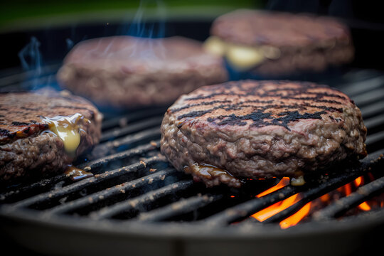 Juicy beef patties for hamburgers being grilled on a grill grate with flames underneath, generative AI