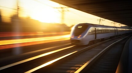 Fototapeta na wymiar High speed train silhouette in motion, defocused bokeh, flare, travel moving between cities concept.