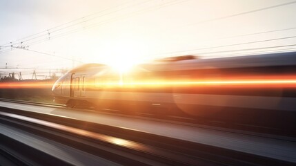 High speed train silhouette in motion, defocused bokeh, flare, travel moving between cities concept.