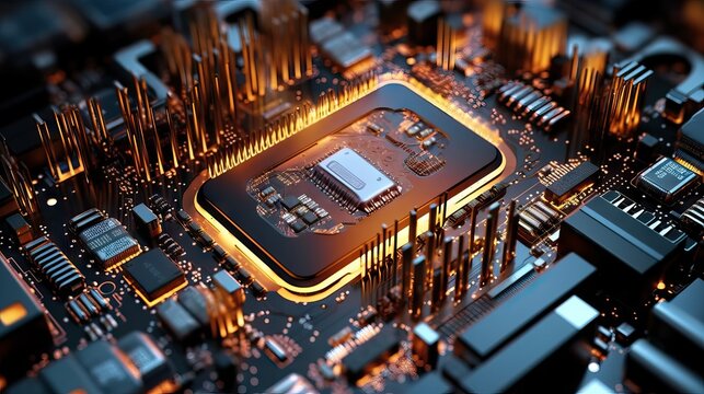 Highly detailed technology texture, AI supercomputer Chrome, insane level of detail throughout circuitry, cinematic depth of field, high contrast lighting, CPU and GPU , circuits interconection,