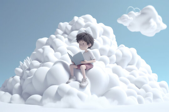 A peaceful image of cute 3d cartoon kid reading on a giant white cloud like a book on a light background, generative AI
