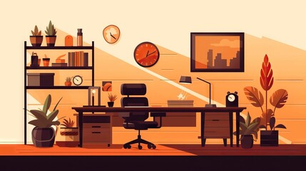Minimal vector illustration, working office, flat design, brown
