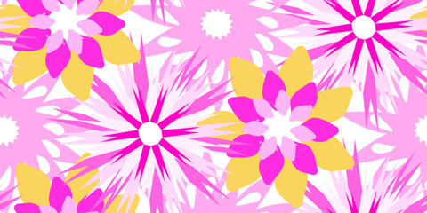 Fototapeta na wymiar Seamless pattern with pink magenta yellow flowers. Decorative floral background.