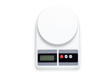 Kitchen electronic scales on white background. Top view.