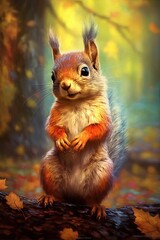 Cute squirrel in the forest, animated cartoon for kids, funy