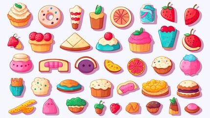 Various delicious food items beautifully arranged on a vibrant blue background cookies and bakery concept. Cartoon kid draws