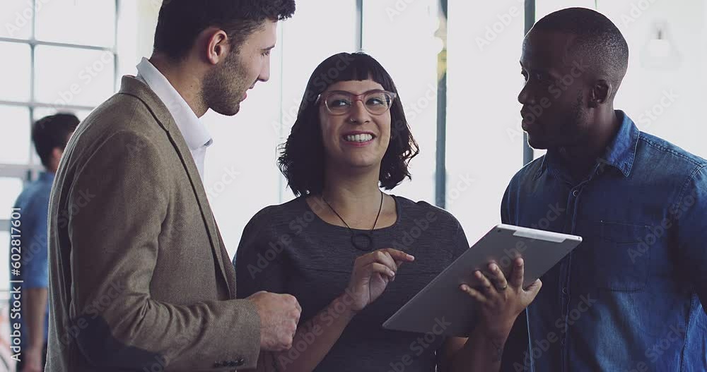 Poster Business or diverse team on tablet planning for development, coding or cheerful in office. Laughing, strategy or employee on tech for SEO software code, programming or startup website review