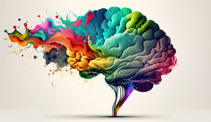 Rainbow human brain explosion, cognitive overload, creative inspiration, mental health, psychology and neurology concept