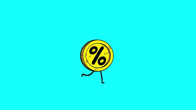 Percent coin walking seamless loop isolated. Funny business cartoon with background good for keying.