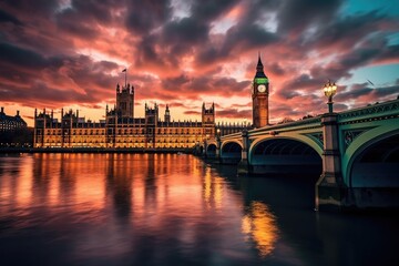 Fototapeta na wymiar House of Parliament with Big Ben Clock Tower inLondon England over River Thames, UK Landmark, Stunning Scenic Landscape Wallpaper, Generative AI