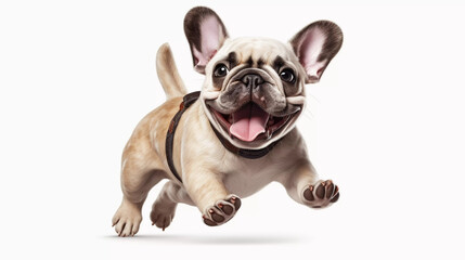 Obraz premium French bulldog smile, runing isolated on white background, Generative ai illustration.