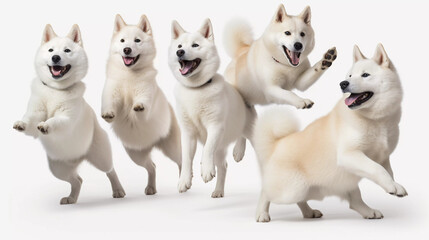 Naklejka na ściany i meble White Shiba inu 5 dog smile, runing on white background, Generative ai illustration.