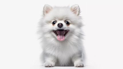 White Pomeranian smile, sitting isolated on white background, Generative ai illustration.