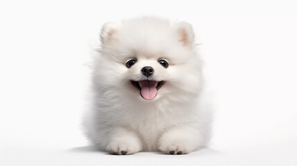 Obraz premium White Pomeranian smile cute, sitting isolated on white background, Generative ai illustration.