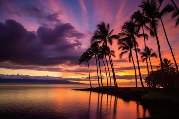 Fototapeta na wymiar Kapalua Bay Maui Hawaii Bay at Sunset, Coconut Trees in Silhouette against colorful sunset, Stunning Travel Scenic Landscape Wallpaper, Generative AI