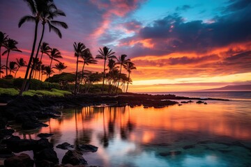Kapalua Bay Maui Hawaii Bay at Sunset, Coconut Trees in Silhouette against colorful sunset, Stunning Travel Scenic Landscape Wallpaper, Generative AI