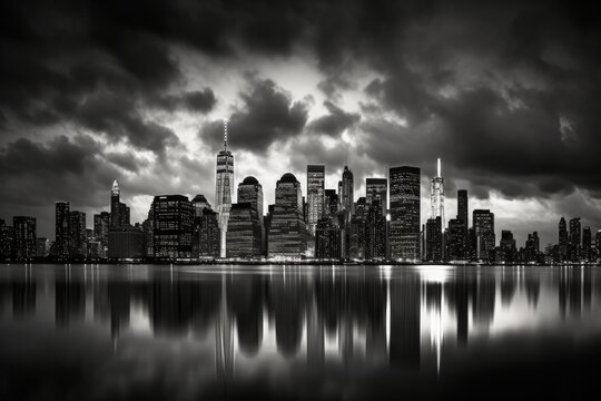 New York City Skyline in Black and White, Lower Manhattan, One World Trade Center, Skyscrapers,  Stunning Scenic Landscape Wallpaper, Generative AI