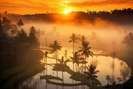 Bali Indonesia rice terraces at sunset in silhouette, Stunning Scenic Seascape Wallpaper, Coral Reef and Marine Life, Generative AI
