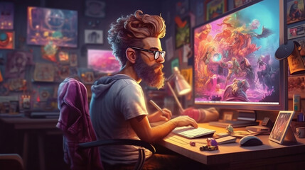 Hipster graphic designer or illustrator working in his eclectic and colourful home office at night. Side view Generative AI illustration.