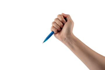 Close-up of a woman's hand holding a pen and writing gesture isolated on a transparent background