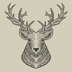 illustration deer head engraving style on black background