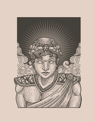 illustration helios god drawings with engraving style
