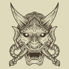illustration demon mask engraving style on black background
