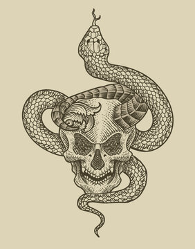 illustration demon skull with snake antique engraving style