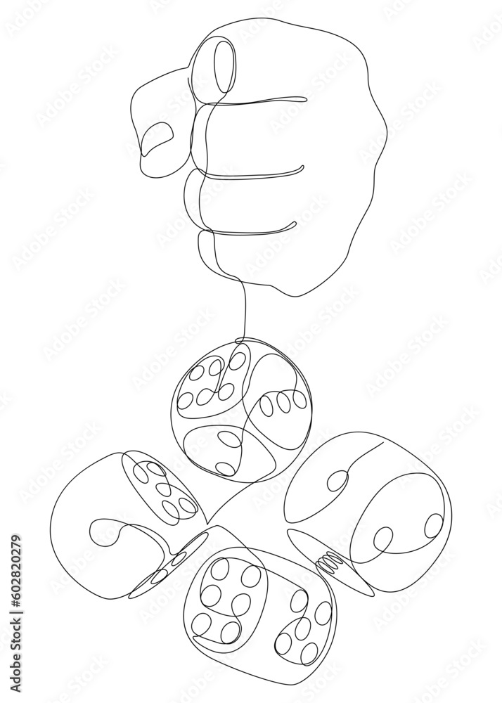 Poster one continuous line of hand with dice. thin line illustration vector concept. contour drawing creati