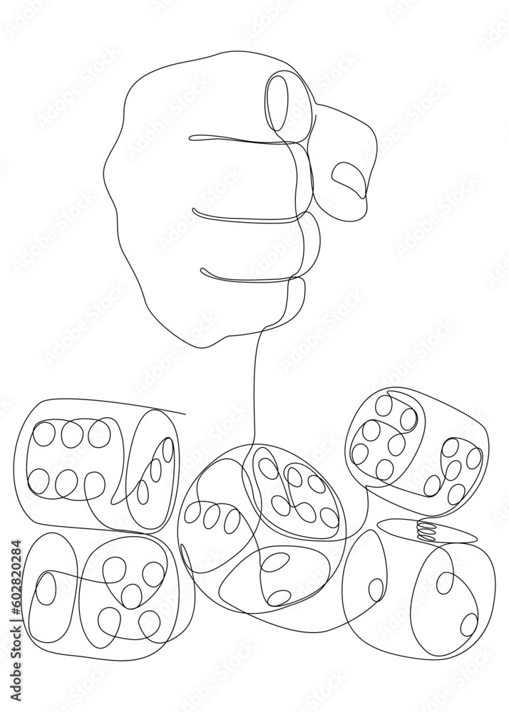 Poster one continuous line of hand with dice. thin line illustration vector concept. contour drawing creati