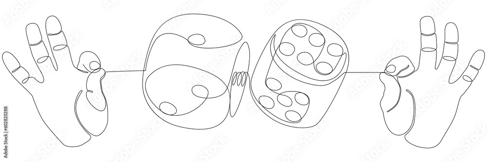 Poster one continuous line of hand with dice. thin line illustration vector concept. contour drawing creati