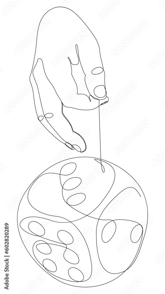 Poster one continuous line of hand with dice. thin line illustration vector concept. contour drawing creati