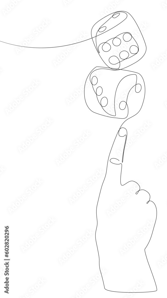 Poster one continuous line of hand with dice. thin line illustration vector concept. contour drawing creati