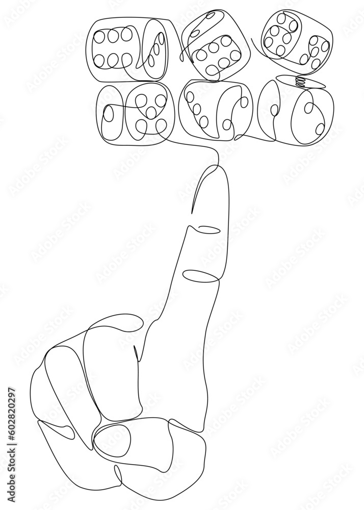 Poster one continuous line of hand with dice. thin line illustration vector concept. contour drawing creati