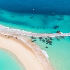 Obraz premium Aerial top-down view of beach and sea with blue water