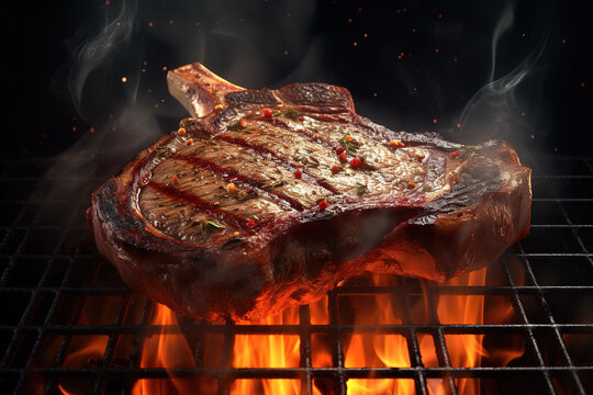grilled T bone beef steaks with spices on on fire grill grate