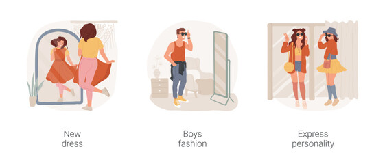 Express personality through fashion isolated cartoon vector illustration set. Girl trying on new dress in front of mirror, teenage boy hipster look, happy teens in bright clothes vector cartoon.