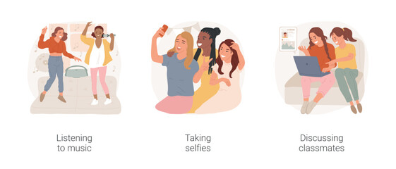 Girls hanging out at home isolated cartoon vector illustration set. Teenage girls listen to music, dancing in the room, friends taking selfies, discussing classmates, gossiping vector cartoon.
