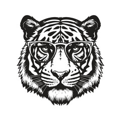 tiger head wearing sunglasses, vintage logo line art concept black and white color, hand drawn illustration