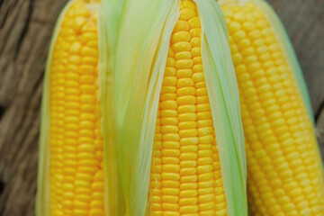 Fresh corn on cobs on rustic wooden table, closeup