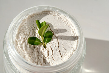 An open jar of facial scrub powder with a green sprig.