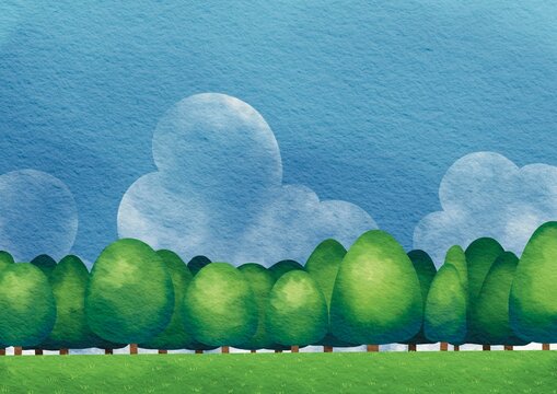 Green trees ,grass field and blue sky for decoration on nature landscape scene.