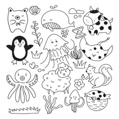 Fototapeta premium Set of hand drawn kawaii animal isolated on white background