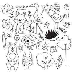 Set of hand drawn kawaii animal isolated  on white background