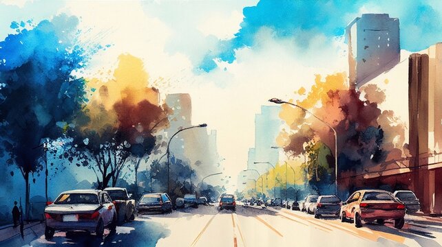 Digital watercolor painting of an urban street scene created by Generative AI