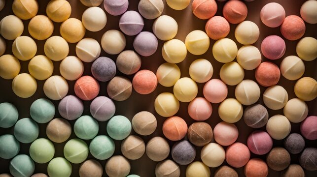 Sweet Bonbons Candy Photorealistic Horizontal Background. Sweet Dessert From Confectionery. Ai Generated Hyperrealistic Background with Delicious Flavory Bonbons Candy. Generative AI