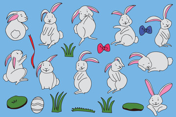 set of kawaii rabbit animal cartoon and watercolor isolated on white background. oon rabbits and holiday foods. Flat illustrations of cute jade rabbits